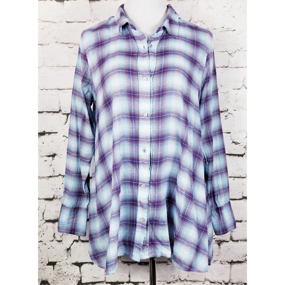 Free People Tops - FREE PEOPLE Oversized Gauzy A-Line Plaid Shirt